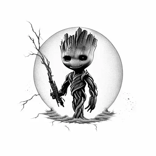 A haunting blackwork tattoo of Baby Groot dressed as a vampire, holding a gun tattoo design idea