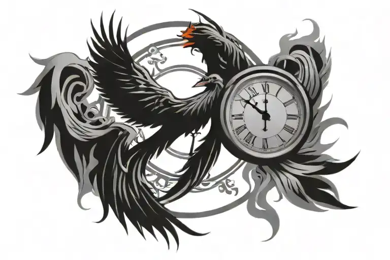 Clock burning with phoenix tattoo design idea