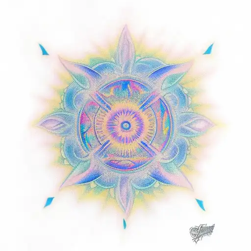 A mystical sunrise over a serene lake with a mesmerizing pattern of magic mushrooms and waterfowl flying above tattoo design idea