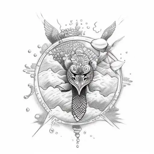 draw me a sketch of a tattoo that will have: a waterfowl turtle, ocean, jungle in Balinese style tattoo design idea