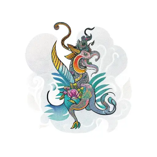 A Balinese-inspired design featuring a mythical creature surrounded by lush vegetation and vibrant colors, representing the client's love for Balinese style and exploring new places tattoo design idea