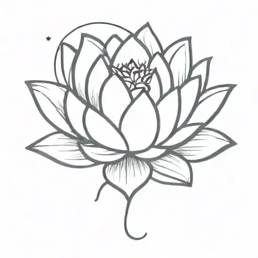 lotus flower with fine lines and the moon tattoo design idea