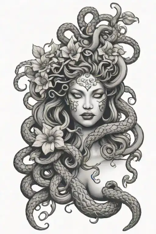 medusa with snakes and flowers with vines growing tattoo design idea