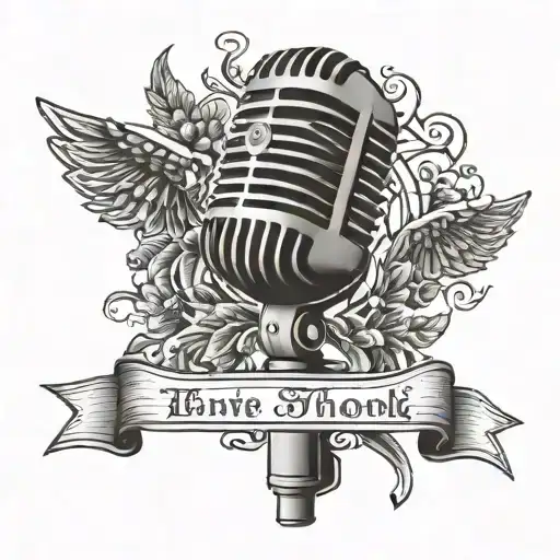microphone with text banner ribbon across tattoo design idea