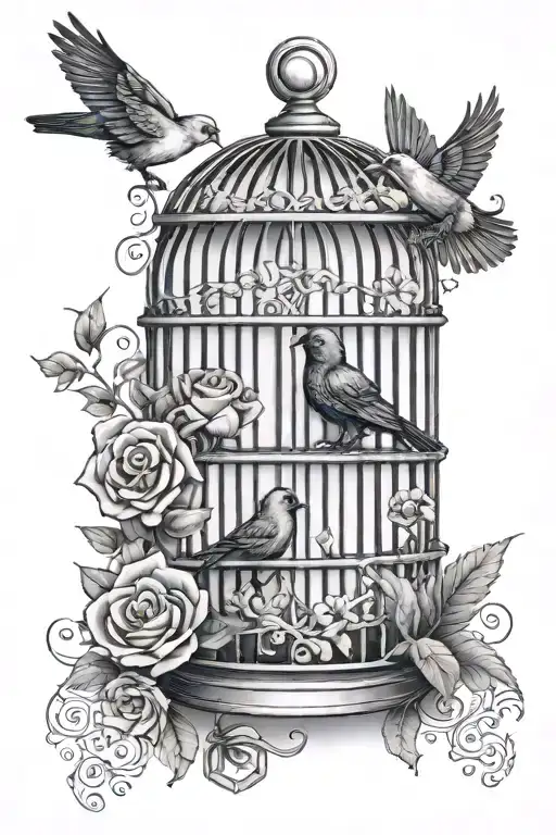 semi Colon With Flowers And A Bird Locked In A Cage but sad and unhappy  tattoo design idea