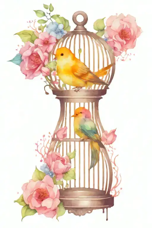 semi colon with flowers and a bird locked in a cage tattoo design idea