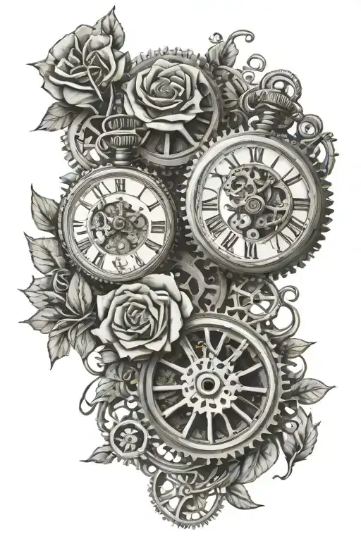 roses pocket watch cogs intertwined tattoo design idea