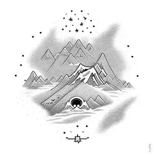 A detailed illustration of a sand dune with the Southern Cross constellation rising above it, capturing the essence of adventure and travel tattoo design idea