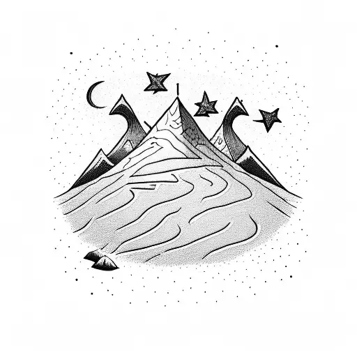 A detailed illustration of a sand dune with the Southern Cross constellation rising above it, capturing the essence of adventure and travel tattoo design idea