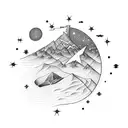 A detailed illustration of a sand dune with the Southern Cross constellation rising above it, capturing the essence of adventure and travel tattoo design idea