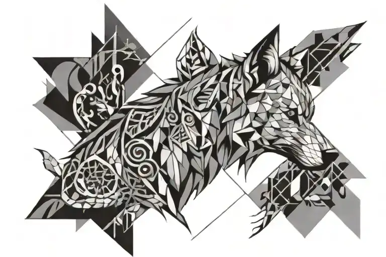 An abstract design combining a wolf, scorpion, and musi notes in a geometric pattern tattoo design idea