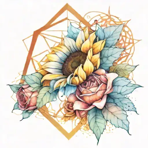 geometric design line work with a sunflower and rose buds  tattoo design idea