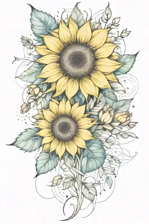 geometrical and fine line design featuring sunflower and rose buds for a spine tattoo  tattoo design idea