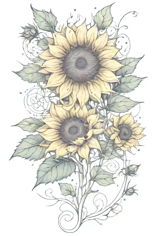 geometrical fine line design featuring sunflower and rose buds for a spine tattoo  tattoo design idea