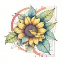 geometric design line work with a sunflower and rose buds  tattoo design idea