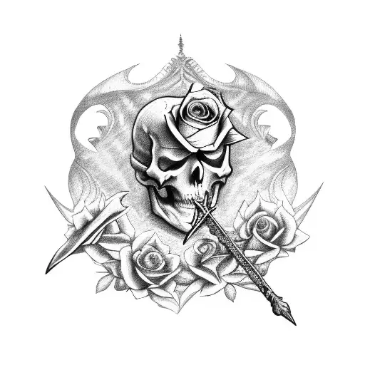 skeleton hand, gothic rose, crescent moon, spider web, sword tattoo design idea