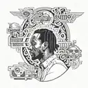 A tattoo design combining elements of Kendrick Lamar's album covers with Quentin Tarantino movie posters tattoo design idea