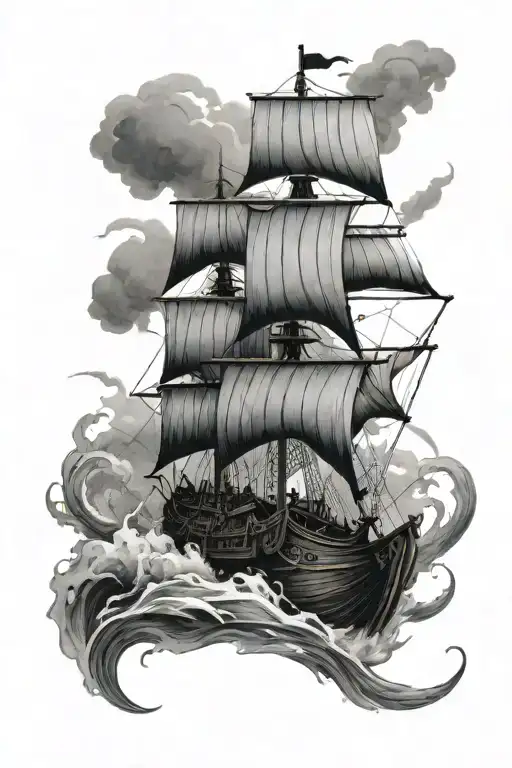 A striking black-grey tattoo of a Viking longship sailing through stormy seas, with Fenrir's eyes glowing in the distance, symbolizing the client's journey through challenges and obstacles tattoo design idea
