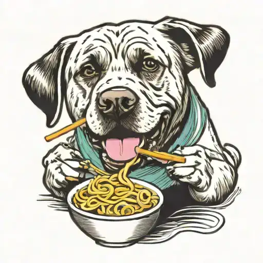 fat Labrador eating ramen tattoo design idea