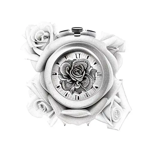 Clock and rose and tiger tattoo design idea