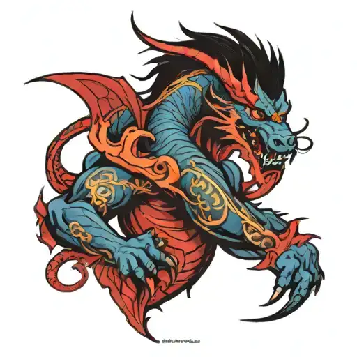 full arm tattoo based on Liu Kang's dragons from Mortal Kombat 1, a blue dragon and a red one tattoo design idea