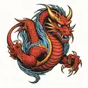 full arm tattoo based on Liu Kang's dragons from Mortal Kombat 1, a blue dragon and a red one tattoo design idea