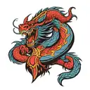 full arm tattoo based on Liu Kang's dragons from Mortal Kombat 1, a blue dragon and a red one tattoo design idea