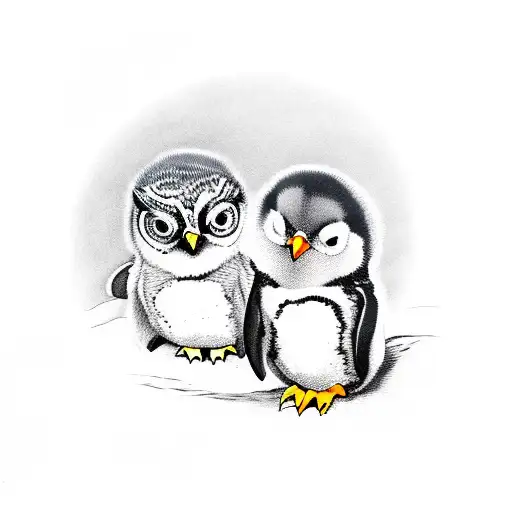 baby penguin and owl. cute tattoo design idea