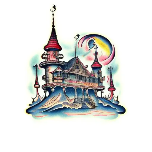 tall haunted house tattoo design idea