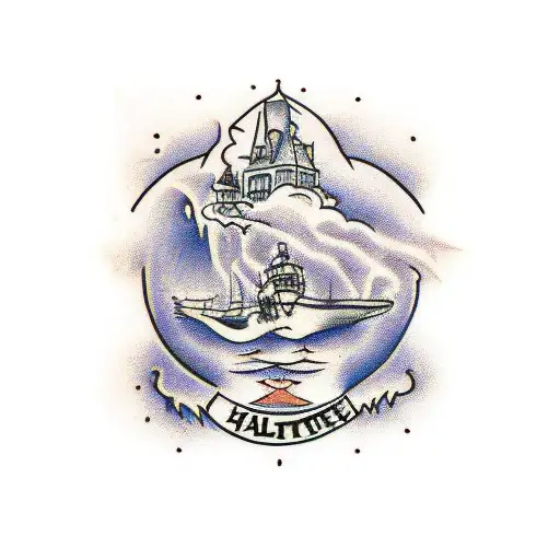 tall haunted house tattoo design idea