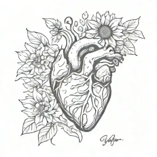 human heart surrounded by sunflowers, lily, rose, gerbra, poppy and frangipani with Webster written underneath it  tattoo design idea