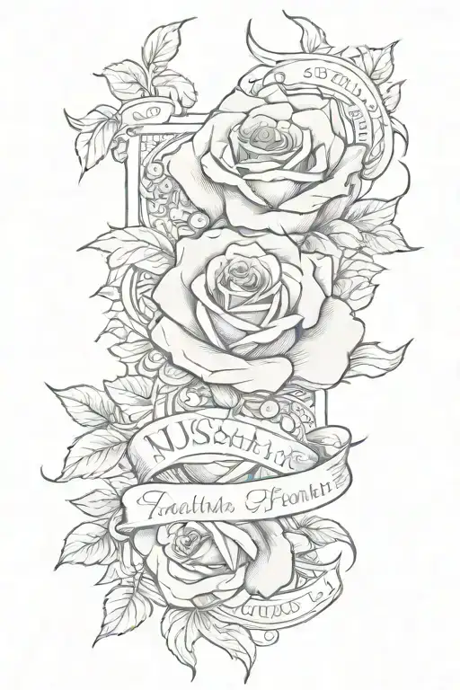 rose with banner wrapped that quotes "•NeverDieYoung• •Death Before Dishonor• •NoFriendsOnlyFamily•" tattoo design idea