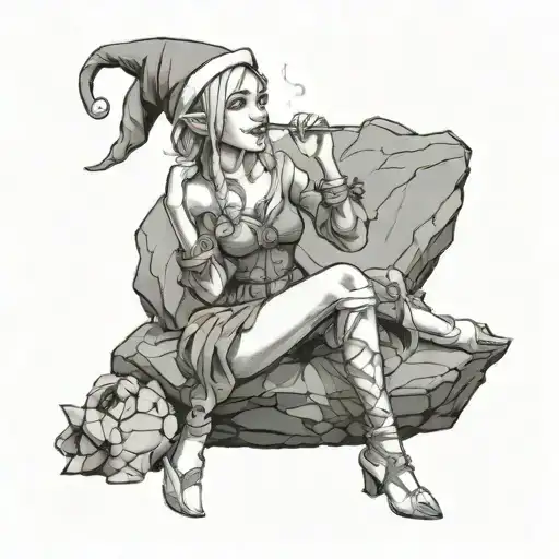 a woman elf sitting on a rock smoking happily  tattoo design idea