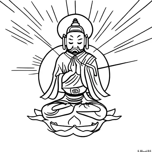 Black and white sketch for a minimalist tattoo. Ronin Man in hat with hidden face sitting in lotus position. Ronin sits  tattoo design idea