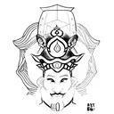 Black and white sketch for a minimalist tattoo. Ronin Man in hat with hidden face sitting in lotus position. Ronin sits  tattoo design idea