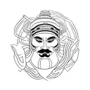 Black and white sketch for a minimalist tattoo. Ronin Man in hat with hidden face sitting in lotus position. Ronin sits  tattoo design idea