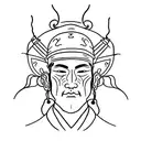 Black and white sketch for a minimalist tattoo. Ronin Man in hat with hidden face sitting in lotus position. Ronin sits  tattoo design idea