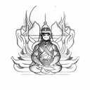 Black and white sketch for a minimalist tattoo. Ronin Man in hat with hidden face sitting in lotus position. Ronin sits  tattoo design idea