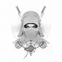 Black and white sketch for a minimalist tattoo. Ronin Man in hat with hidden face sitting in lotus position. Ronin sits  tattoo design idea