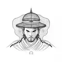 Black and white sketch for a minimalist tattoo. Ronin Man in hat with hidden face sitting in lotus position. Ronin sits  tattoo design idea