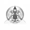 Black and white sketch for a minimalist tattoo. Ronin Man in hat with hidden face sitting in lotus position. Ronin sits  tattoo design idea