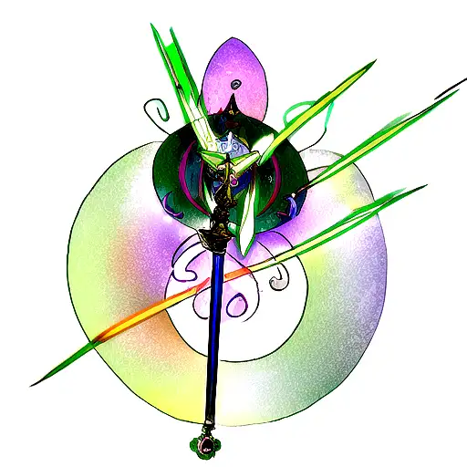 a wand with green magic swirling out the tip above the date may 31st 2019 in elvish & a lightsaber w/ orange light below tattoo design idea