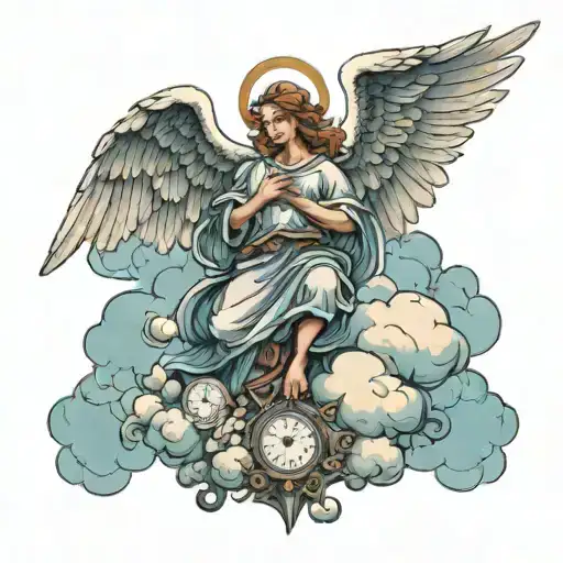 guardian angel with wings on the clouds against the background of time tattoo design idea