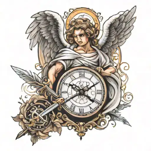 guardian angel with a sword in his hands against the background of a clock tattoo design idea
