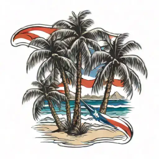 beach shore with palm trees and Puerto Rican flag intertwined tattoo design idea
