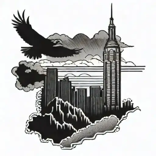 hawk wave Empire State Building mountain range tattoo design idea