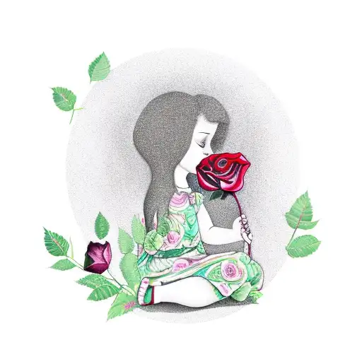 girl sitting infront of tree holding a rose bush  tattoo design idea