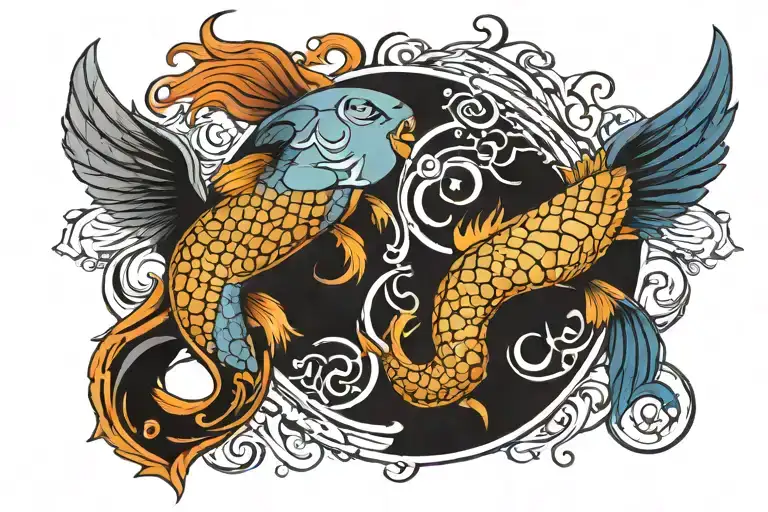 zodiac pisces in harmony, yin yang symbol merging tattoo design idea