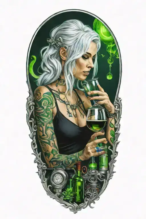 Silver haired Girl drinking green plasma from a wine glass in a music themed background tattoo design idea