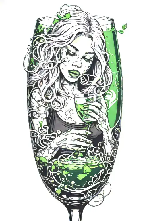 long Silver haired young Girl drinking green plasma from a wine glass with musical notes and lines on the background tattoo design idea